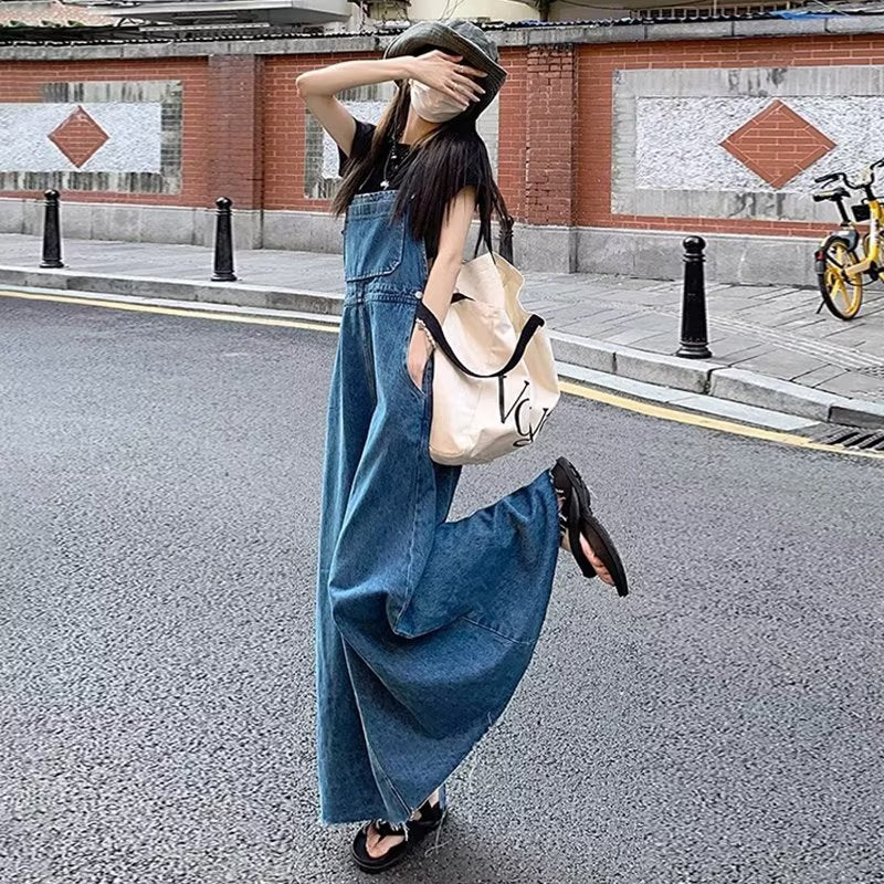 Age-Reducing and Slimming Denim Suspender Dress for Women, 2026 Autumn New Style, Loose Fit, Long Dress for Tall Women, Blue Dress