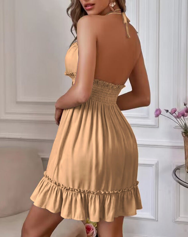 European and American Amazon Cross-Border Popular Women's Clothing Deep V Rope Suspender Parallel Pleated Sexy Dress Beach Degree