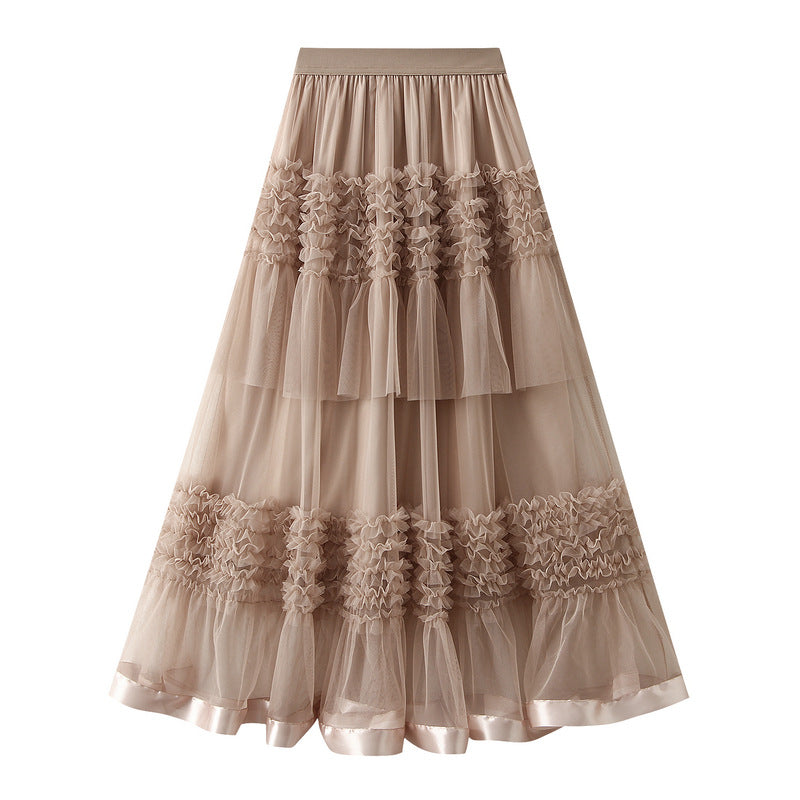 2025 Summer Floor-length Pleated Skirt Women Long Maxi Tulle Skirt for Women High Waist Vintage Mesh Cake Skirt Female