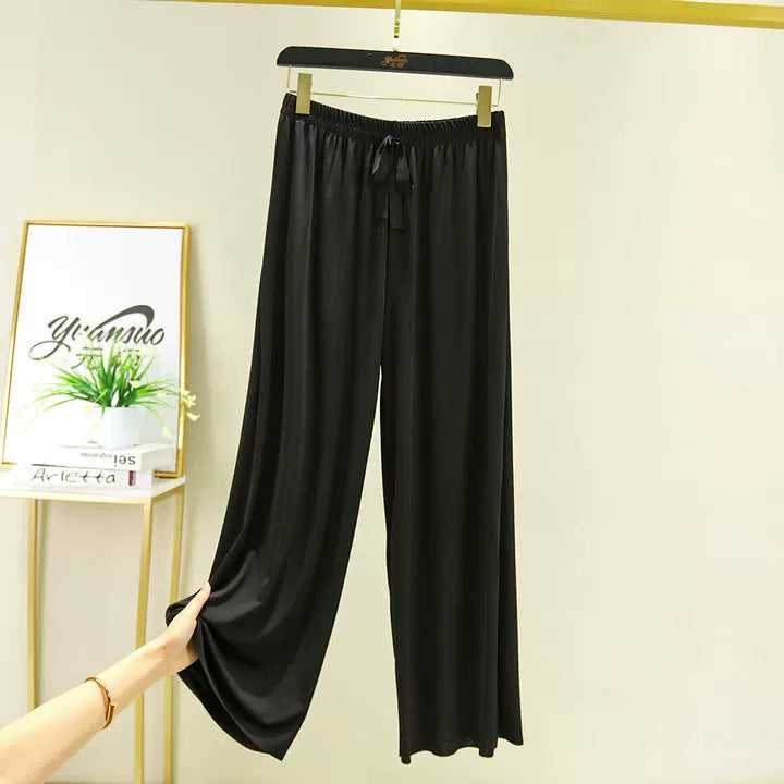 Korean style high waist drawstring lace-up ice silk seamless straight slimming wide-leg pants summer thin draping casual trousers