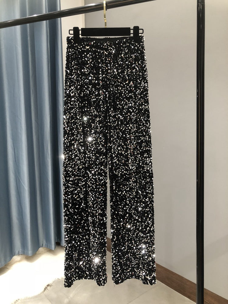 Autumn and Winter Thickened Korean Velvet Sequin Wide Leg Pants Large Long Leg Dipped plus size Floor Pants Shiny Lined Straight Leg Pants for Women