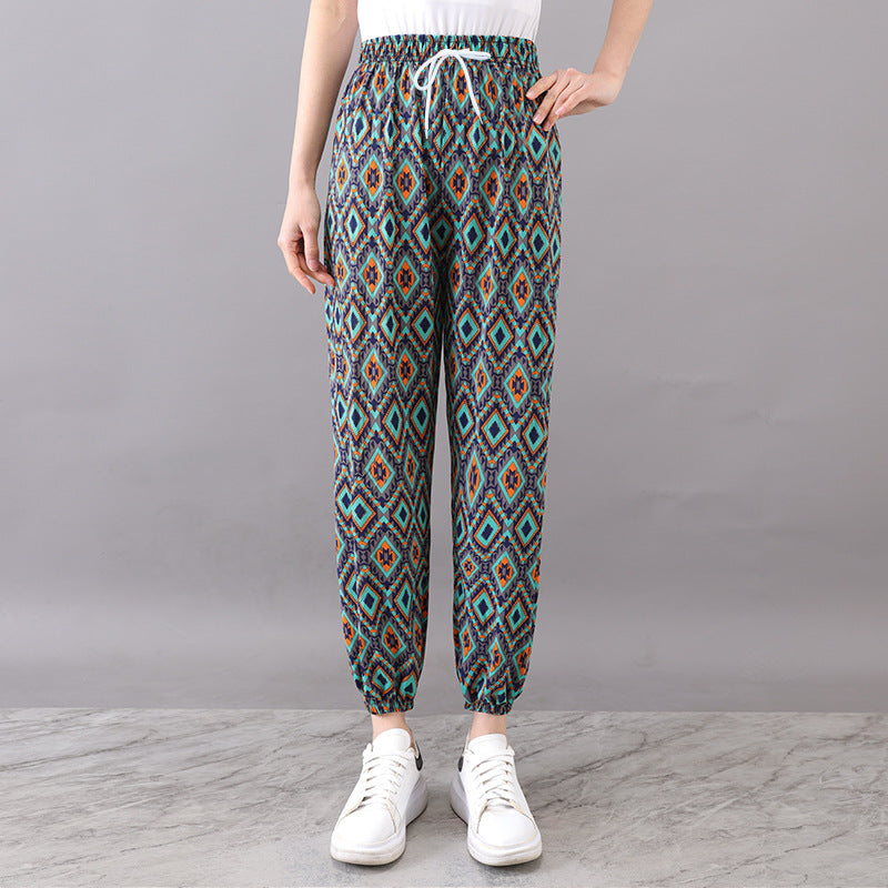 Cross-Border Popular Summer Women's Ice Silk Pants for Middle-Aged and Elderly, Loose Casual Home Pants, Elastic Plus-Size Pants for Square Dancing