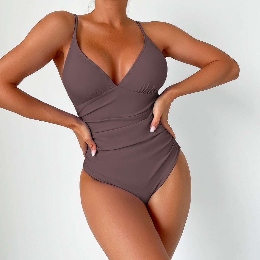New European and American Solid Color Tight One-Piece Swimsuit Quick-Drying Resort Hot Spring Swimsuit Women's Swimsuit High-End Swimsuit