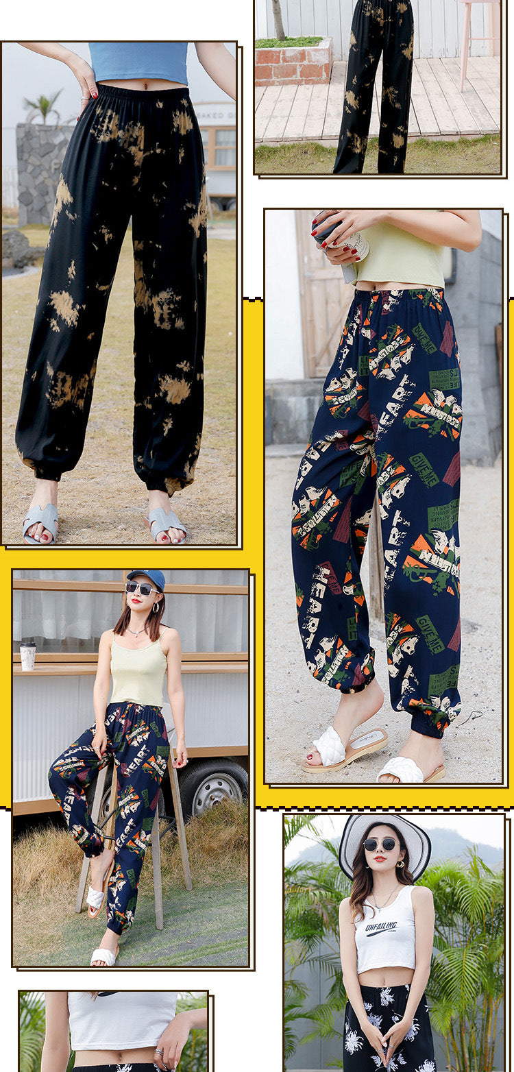 New Beach Pants for Women, Summer Cotton Silk Casual Pants, Thin Pajamas, Ethnic Style Anti-Mosquito Pants, Women's Home Bloomers