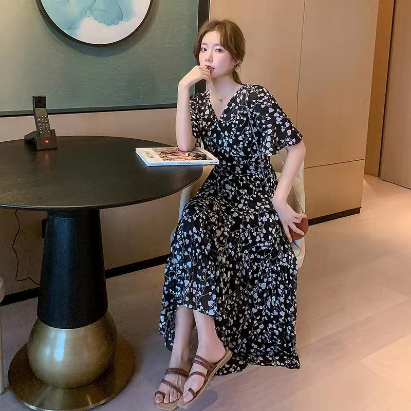 2024 Summer dress Summer plus size Women's New Loose Slimming Belly Covering Plus Weight Plus Chiffon Long Dress All-match