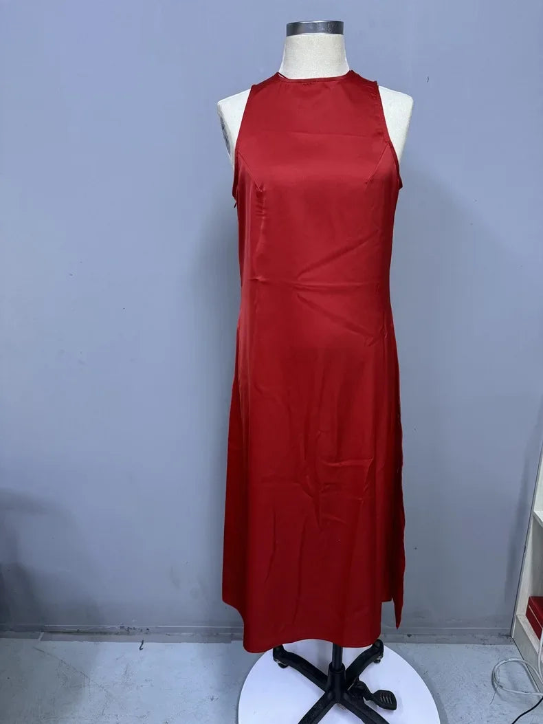 European and American Cross-Border Amazon Satin Dress Women's Spring and Summer Sleeveless Slit Satin Imitation Silk Long Skirt