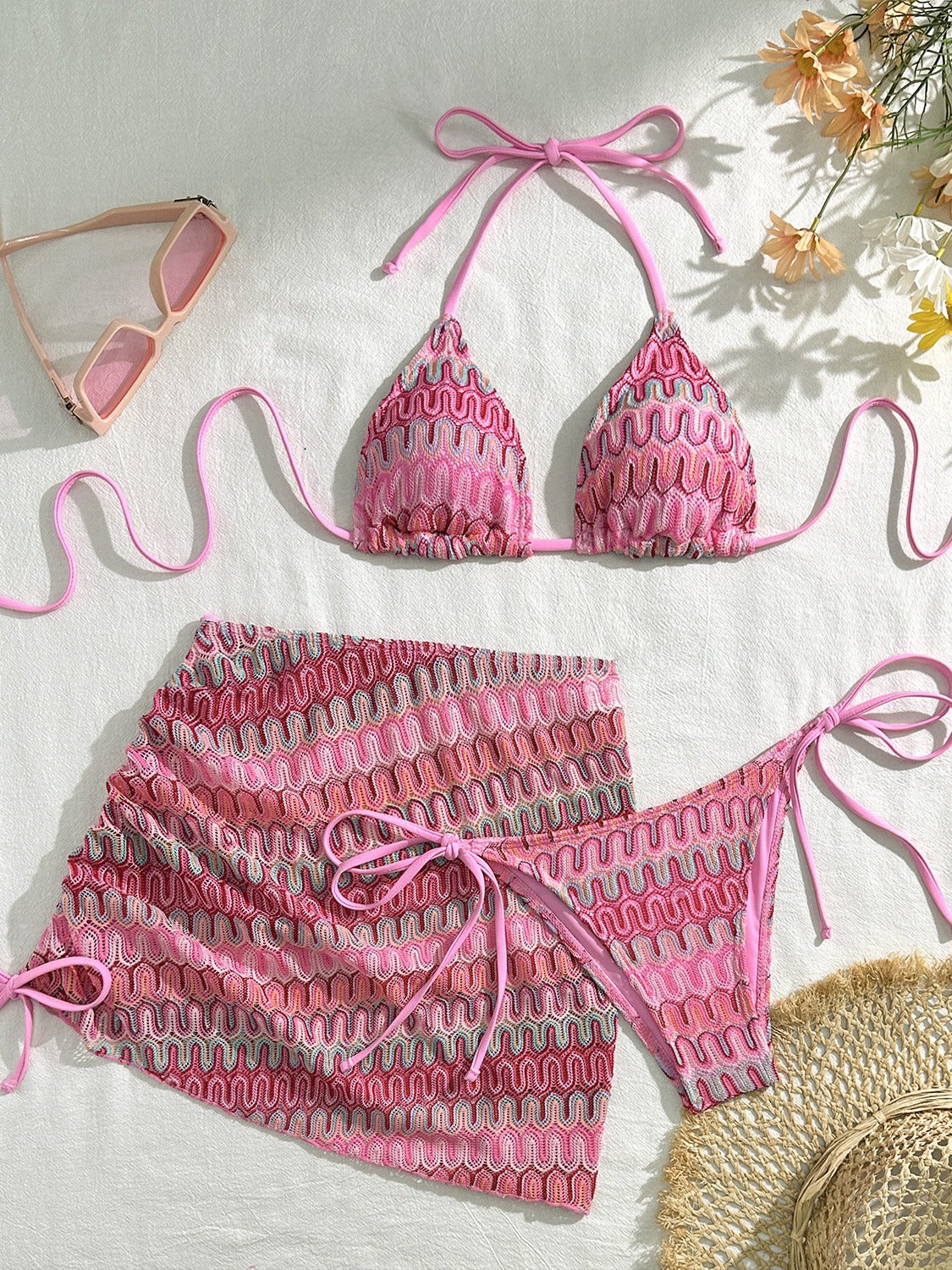 2025 European and American New Embroidered Gradient Sexy Three-Piece Swimsuit Swimsuit Bikini Bikini Cross-Border Export