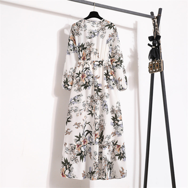 Cross-border Foreign Trade Floral Chiffon Long Dress Women's Spring Dress Long Sleeve Crewneck Base Skirt Waist Slim Long Dress