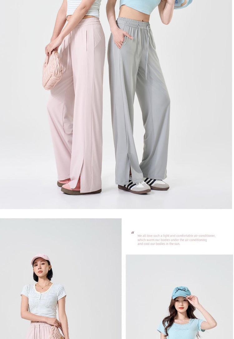 Summer Sunscreen Cool Ice Silk Wide Leg Pants Women's Lightweight Breathable Lazy Style Casual All-match Loose Slimming Straight Leg Pants