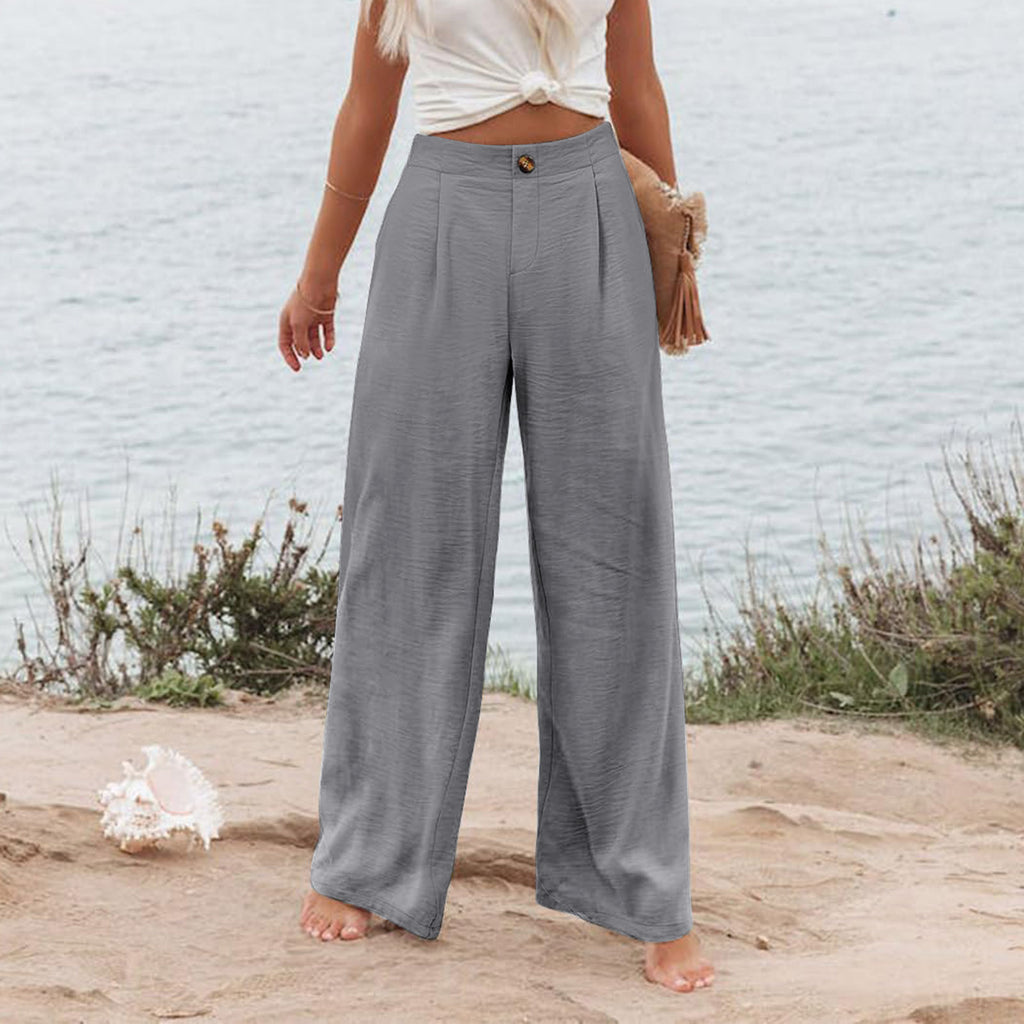 2026 Cross-Border Amazon European and American Summer Comfortable High-Waisted Long Pants with Buttons and Elastic Waist Wide-Leg Pants for Women Casual Straight-Leg Pants