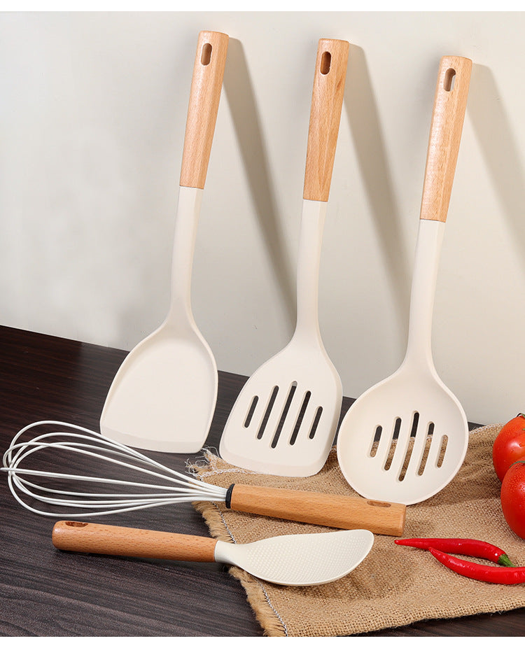 Wooden Handle Silicone Kitchen Utensil Set, Non-Stick Pan, Silicone Spatula, Soup Spoon, High Temperature Resistant Silicone Cooking Spatula, Daily Kitchen Utensils