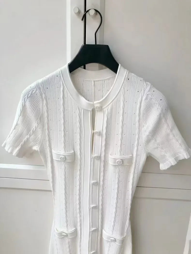 2026 New French-Style Elegant Socialite Short-Sleeve Knit Dress with Hollow-Out Ribbed Design and Single-Breasted Slim-Fit Long Dress