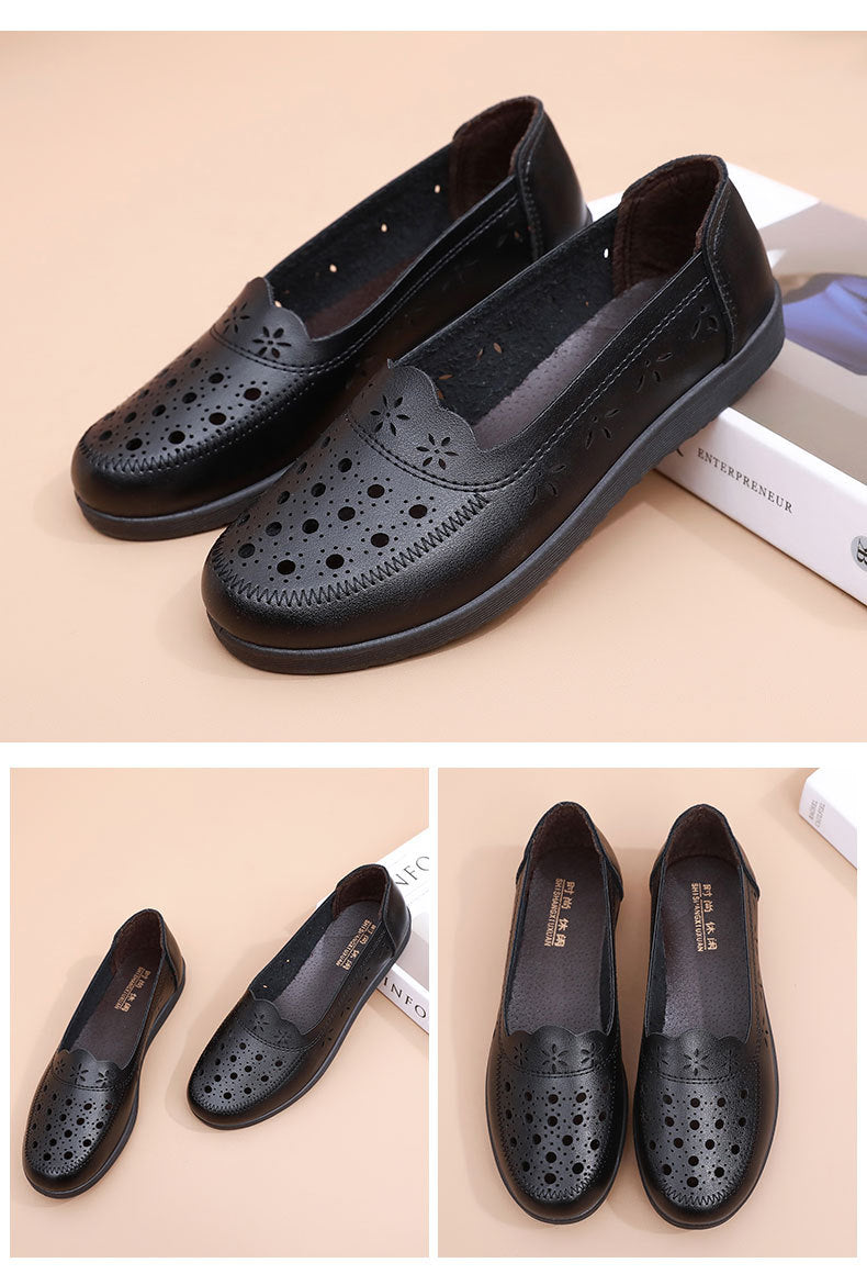Spring Mom Shoes Sandals Soft Sole Comfortable Flats Hole Hollow Flats Shoes Middle-Aged and Elderly Women's Shoes Elderly Grandma Leather Shoes