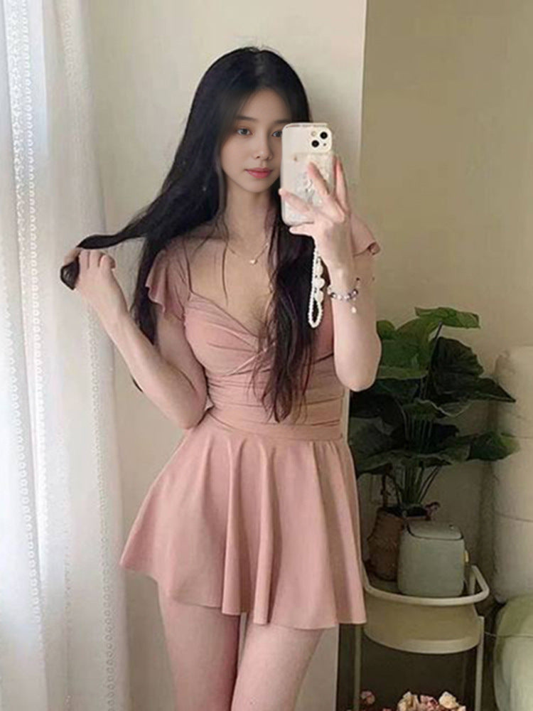 2024 New Pure Desire Style one-piece Triangle Bikini Skirt Swimsuit Girl Summer Gather to Cover Flesh Slim Hot Spring