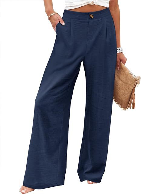 2026 Cross-Border Amazon European and American Summer Comfortable High-Waisted Long Pants with Buttons and Elastic Waist Wide-Leg Pants for Women Casual Straight-Leg Pants