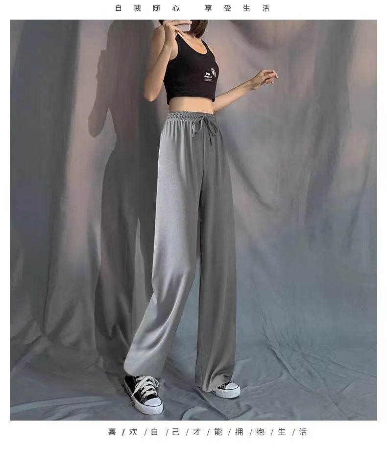 2026 Thin Ice Silk Wide-Leg Pants for Women, Summer Student Korean Style, Drapey Loose Fit, Versatile High-Waisted Elastic Thin Straight-Leg Pants