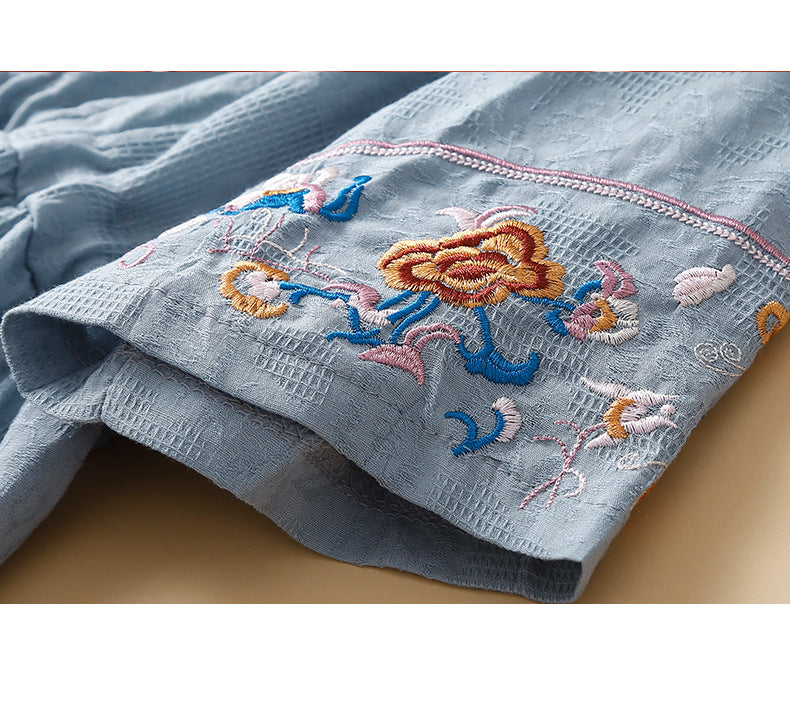 Ethnic Style Cotton and Linen Embroidered Dress Women's 2023 Summer Long Loose Style Lace Collar Short-Sleeved Over-the-Knee Long Dress