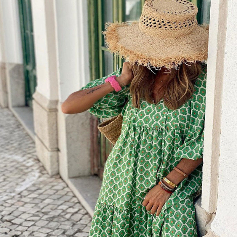 European and American Plus-Size Women's Loose-Fitting Bohemian Round-Neck Lantern-Sleeve Sweet Girl Dress Wholesale from Source Factory