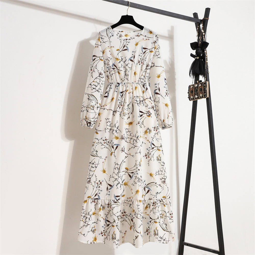 Cross-border Foreign Trade Floral Chiffon Long Dress Women's Spring Dress Long Sleeve Crewneck Base Skirt Waist Slim Long Dress