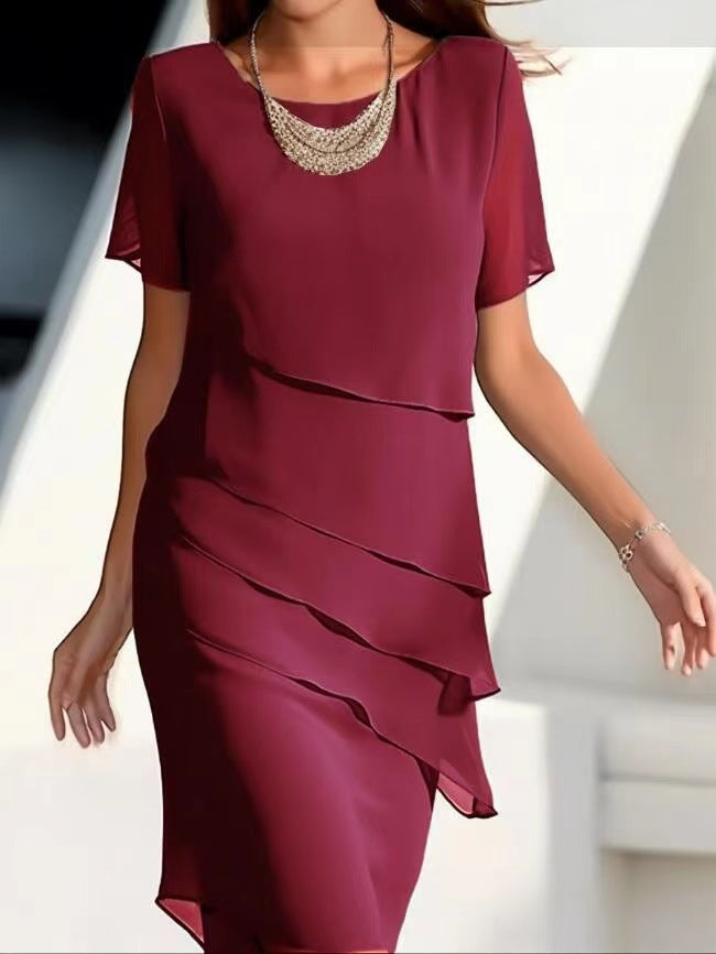European and American Cross-Border Amazon Wish Export Women's Pure Color Short-Sleeved Glitter Ruffled Round Collar Casual Dress