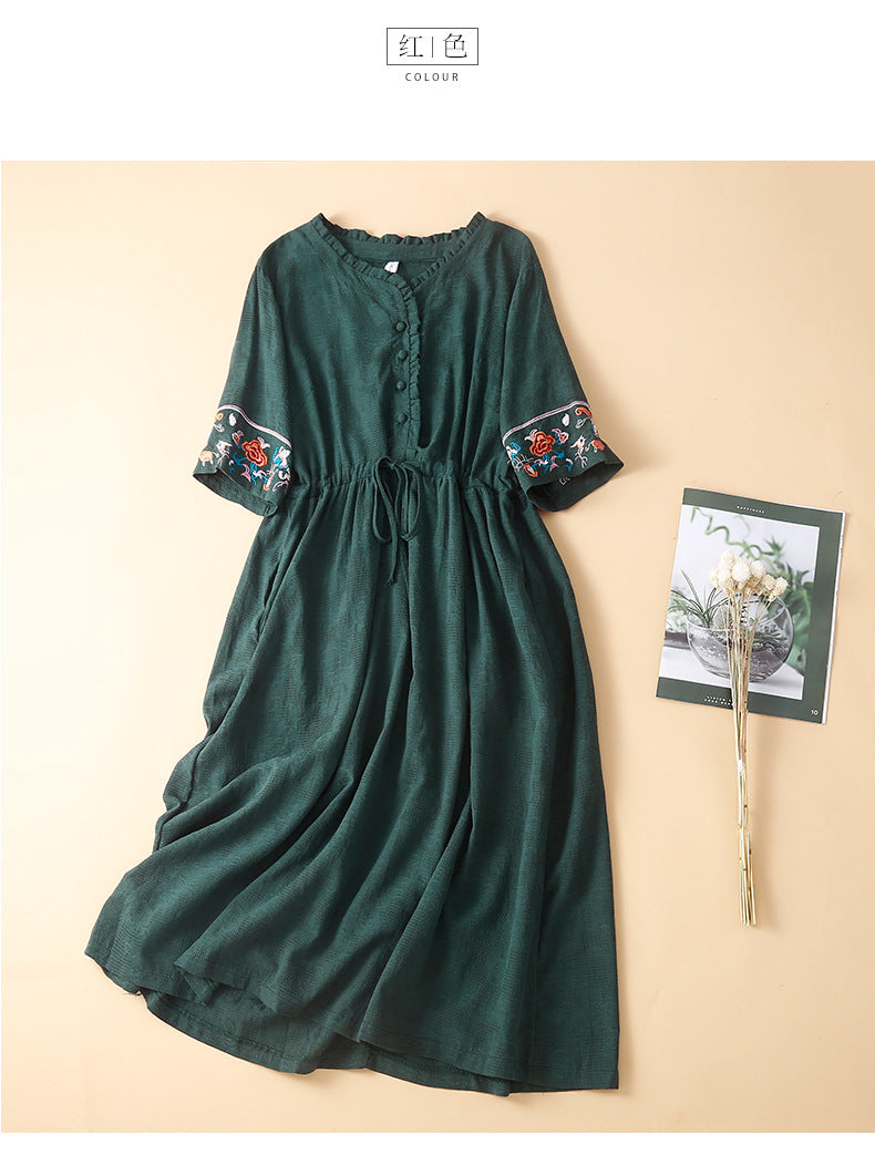 Ethnic Style Cotton and Linen Embroidered Dress Women's 2023 Summer Long Loose Style Lace Collar Short-Sleeved Over-the-Knee Long Dress