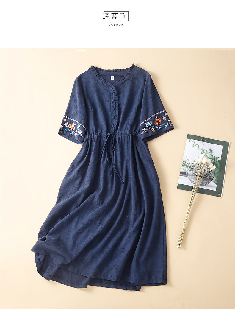 Ethnic Style Cotton and Linen Embroidered Dress Women's 2023 Summer Long Loose Style Lace Collar Short-Sleeved Over-the-Knee Long Dress