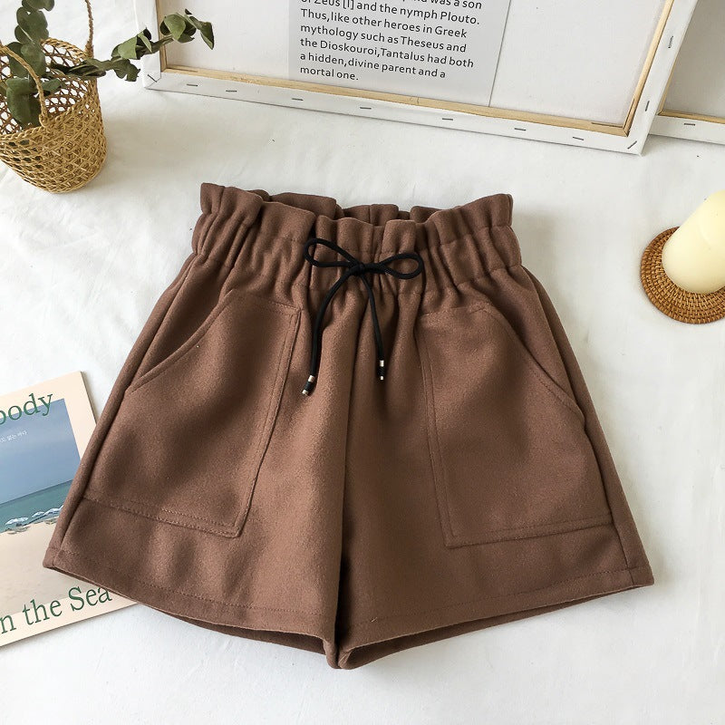 High Waist Woolen Shorts Autumn and Winter 2024 New Black Wide Leg Pants Slimming Spring Outwear Loose Casual Boots for Women