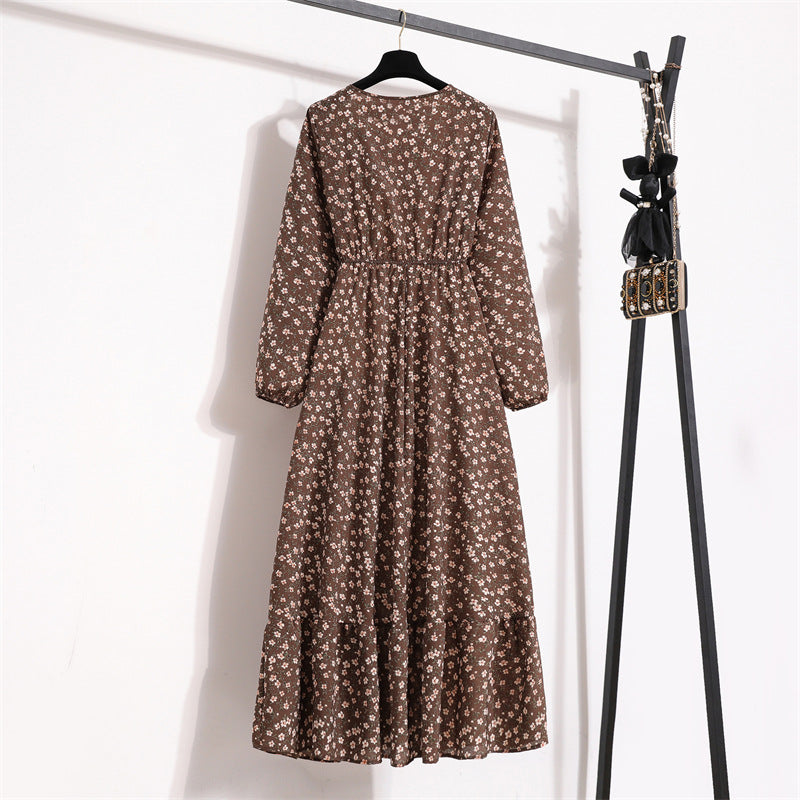 Cross-border Foreign Trade Floral Chiffon Long Dress Women's Spring Dress Long Sleeve Crewneck Base Skirt Waist Slim Long Dress
