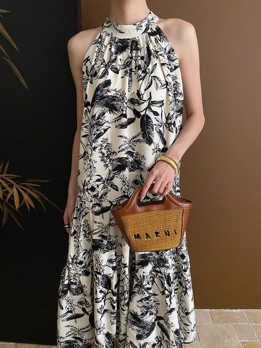 French Ink Print Sling dress Summer 2024 New Elegant Cool Beach Seaside Holiday Midi Dress