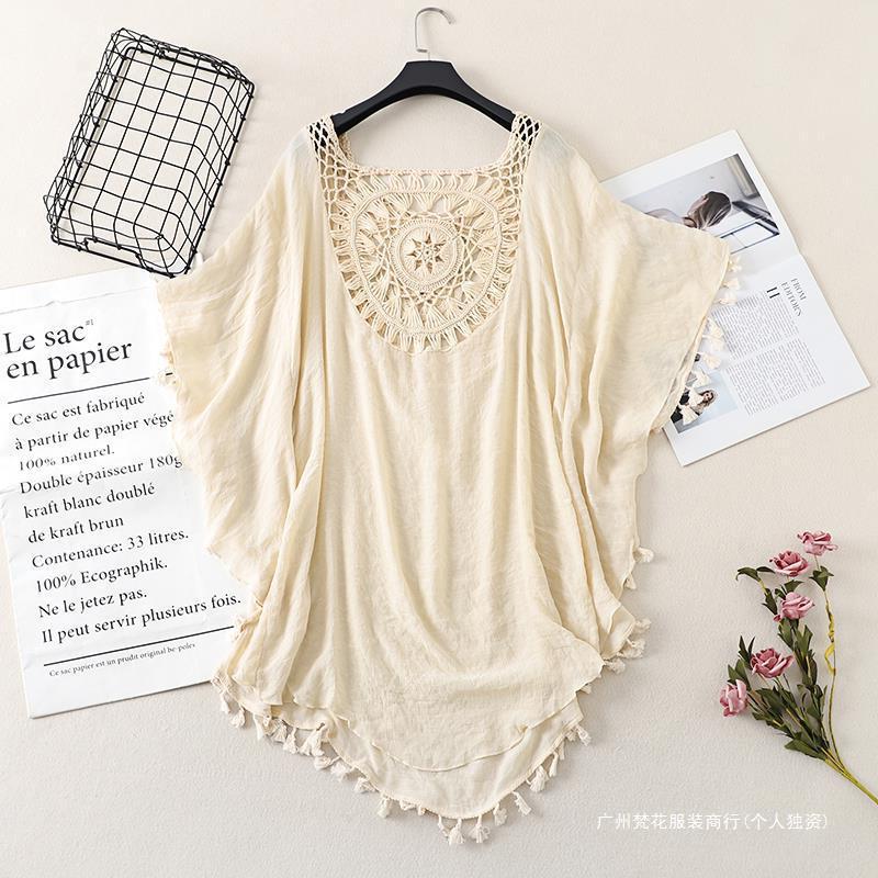 Cross-border new holiday hook solid color stitching European and American beach skirt small tassel sunscreen short sexy beach blouse
