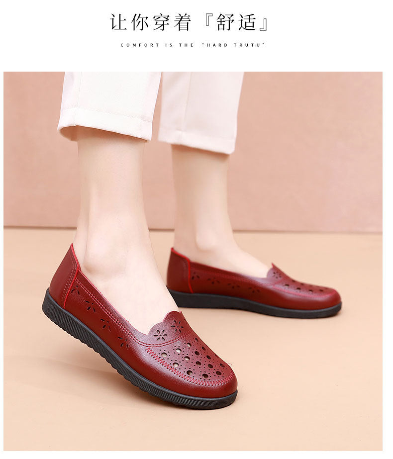 Spring Mom Shoes Sandals Soft Sole Comfortable Flats Hole Hollow Flats Shoes Middle-Aged and Elderly Women's Shoes Elderly Grandma Leather Shoes
