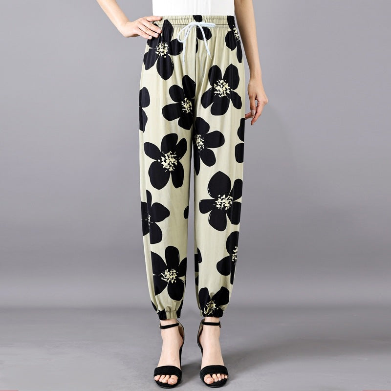 Cross-Border Popular Summer Women's Ice Silk Pants for Middle-Aged and Elderly, Loose Casual Home Pants, Elastic Plus-Size Pants for Square Dancing