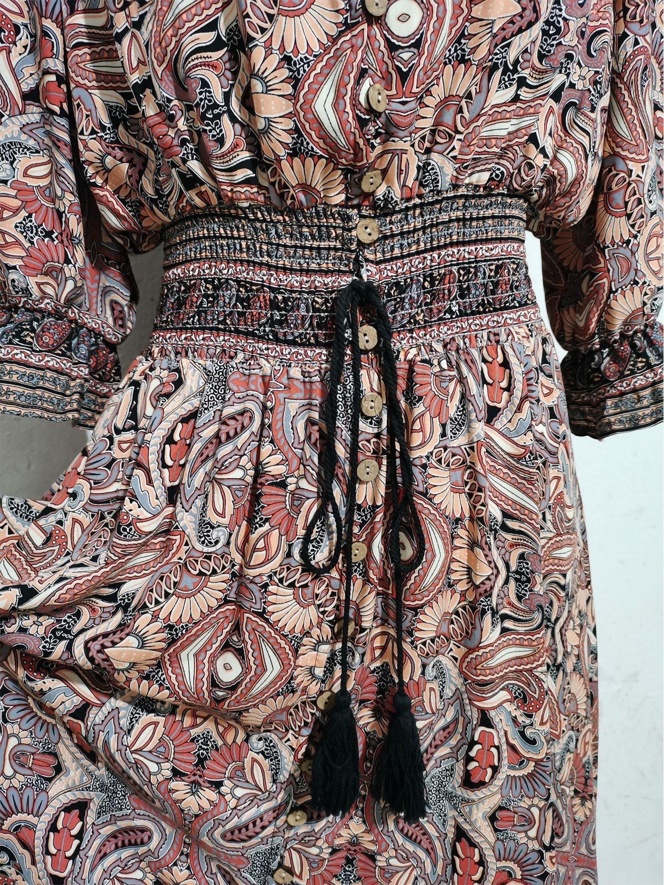 2025 Rayon Positioning Printed Three-Quarter Sleeve Waist Bohemian Women's Dress Vacation Buttoned Beach Skirt