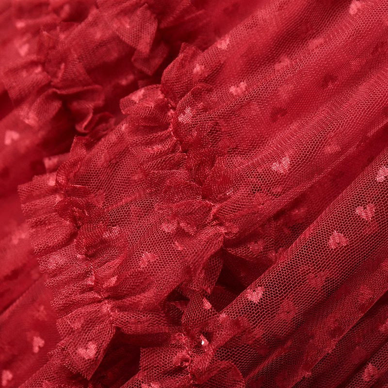 2026 Mesh Heart Printed Skirt Women Elastic High Waist Skirt Elegant Tulle A Line Ruffle Party Skirt Long Summer Saia Feminina