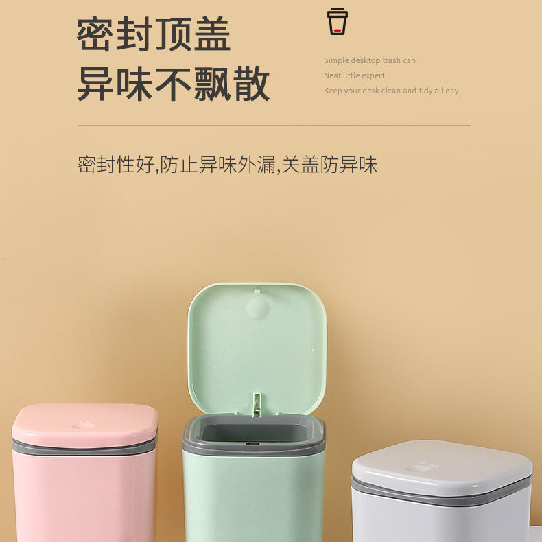 Small Desktop Trash Can for Home Office High-End Dormitory Press with Lid Mini Plastic Storage Trash Can