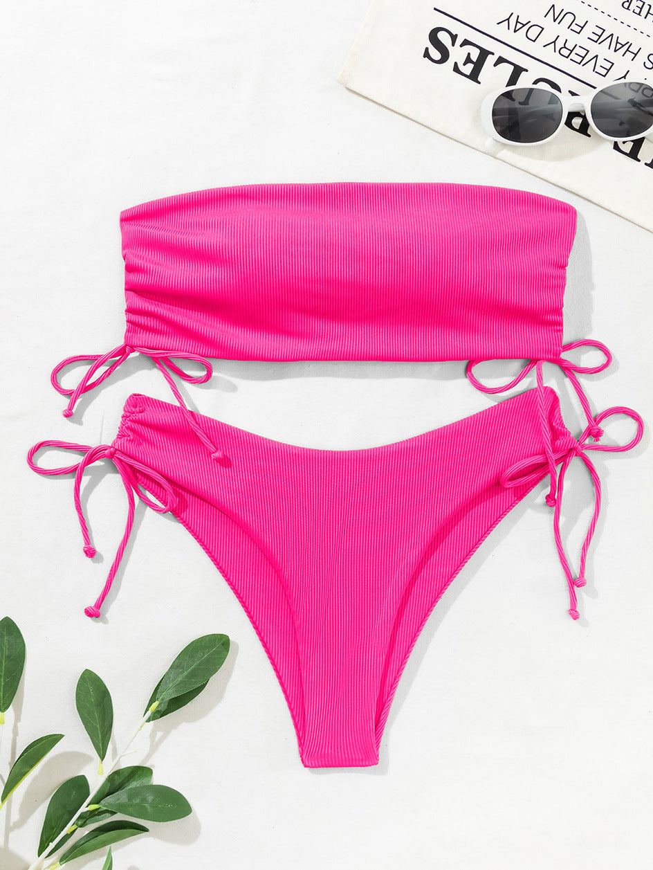 European and American Tube Top Bikini Swimsuit for Women 2024 New Pure Color Sexy Huludao Swimsuit Split Swimsuit High-End