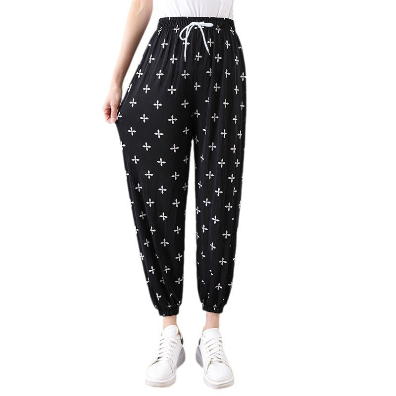 Cross-Border Popular Summer Women's Ice Silk Pants for Middle-Aged and Elderly, Loose Casual Home Pants, Elastic Plus-Size Pants for Square Dancing