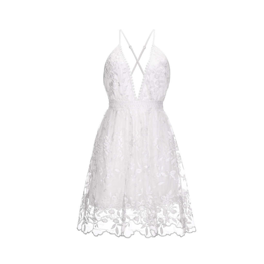 Cross-Border 2023 Summer New European and American Sexy Deep V Neck Backless Suspender Dress Amazon Lace Beach Dress
