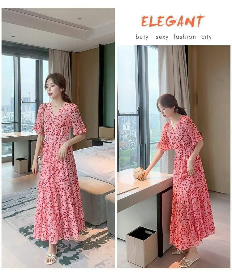 2024 Summer dress Summer plus size Women's New Loose Slimming Belly Covering Plus Weight Plus Chiffon Long Dress All-match