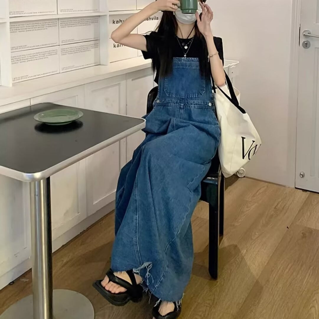 Age-Reducing and Slimming Denim Suspender Dress for Women, 2026 Autumn New Style, Loose Fit, Long Dress for Tall Women, Blue Dress