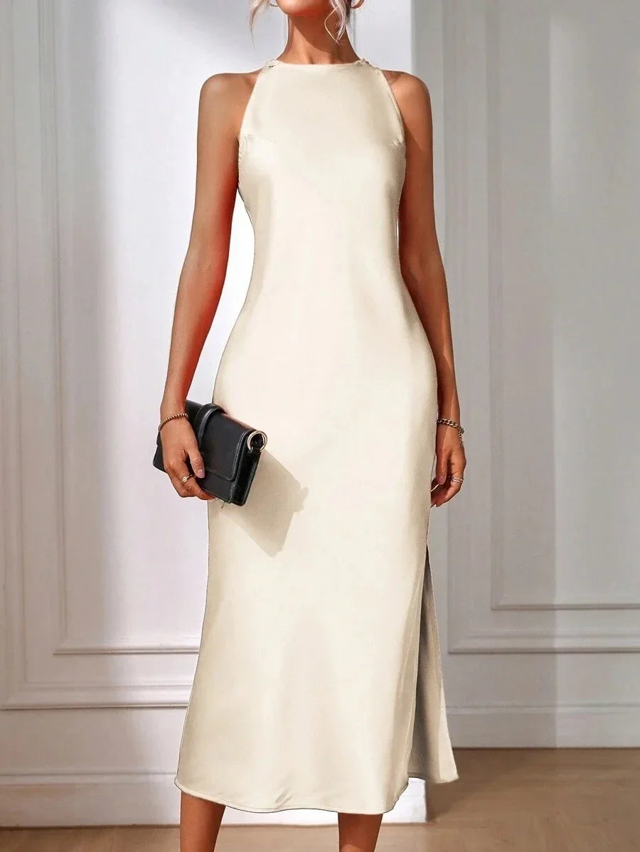 European and American Cross-Border Amazon Satin Dress Women's Spring and Summer Sleeveless Slit Satin Imitation Silk Long Skirt