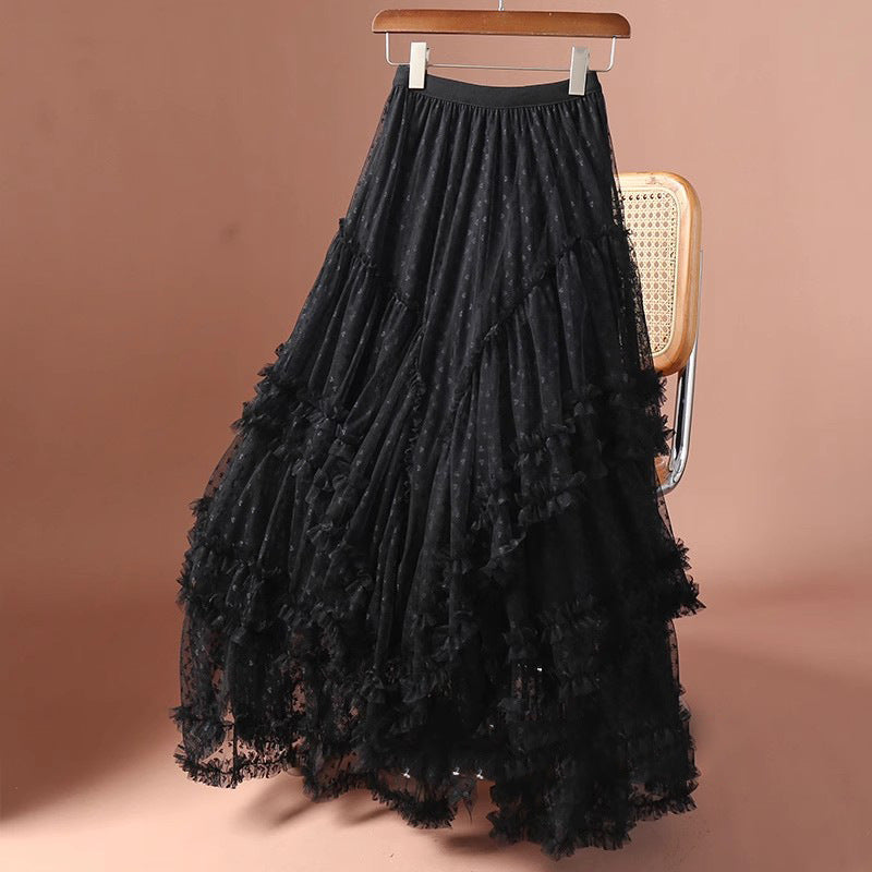 2026 Mesh Heart Printed Skirt Women Elastic High Waist Skirt Elegant Tulle A Line Ruffle Party Skirt Long Summer Saia Feminina