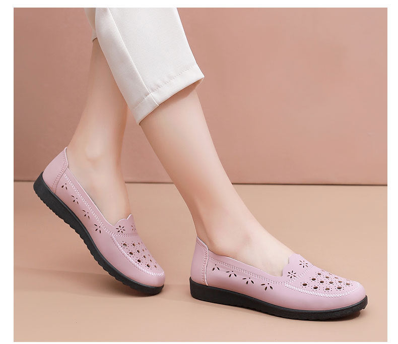 Spring Mom Shoes Sandals Soft Sole Comfortable Flats Hole Hollow Flats Shoes Middle-Aged and Elderly Women's Shoes Elderly Grandma Leather Shoes