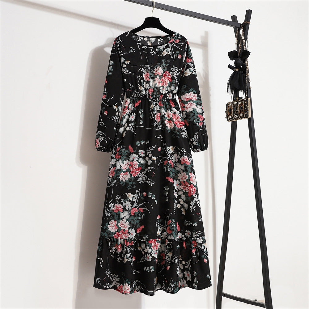 Cross-border Foreign Trade Floral Chiffon Long Dress Women's Spring Dress Long Sleeve Crewneck Base Skirt Waist Slim Long Dress