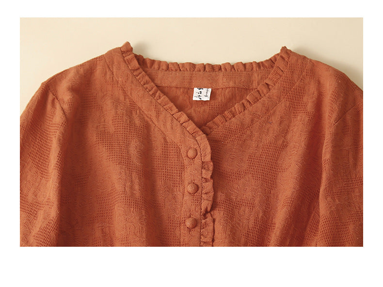 Ethnic Style Cotton and Linen Embroidered Dress Women's 2023 Summer Long Loose Style Lace Collar Short-Sleeved Over-the-Knee Long Dress