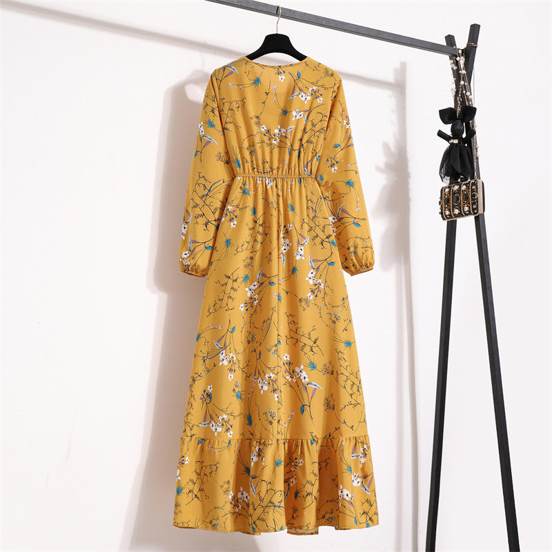 Cross-border Foreign Trade Floral Chiffon Long Dress Women's Spring Dress Long Sleeve Crewneck Base Skirt Waist Slim Long Dress