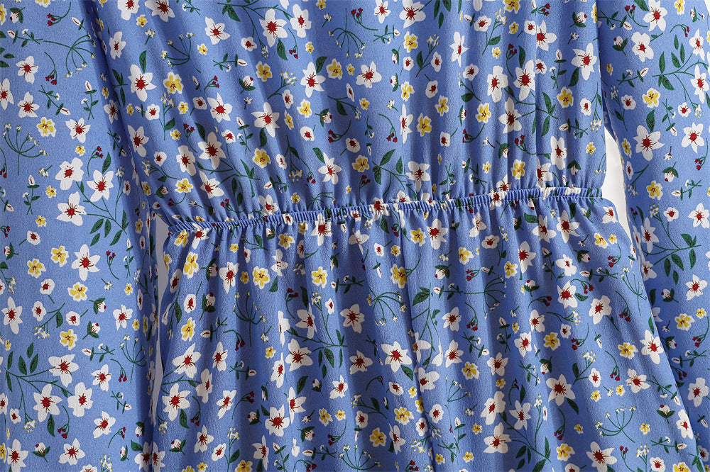 Cross-border Foreign Trade Floral Chiffon Long Dress Women's Spring Dress Long Sleeve Crewneck Base Skirt Waist Slim Long Dress