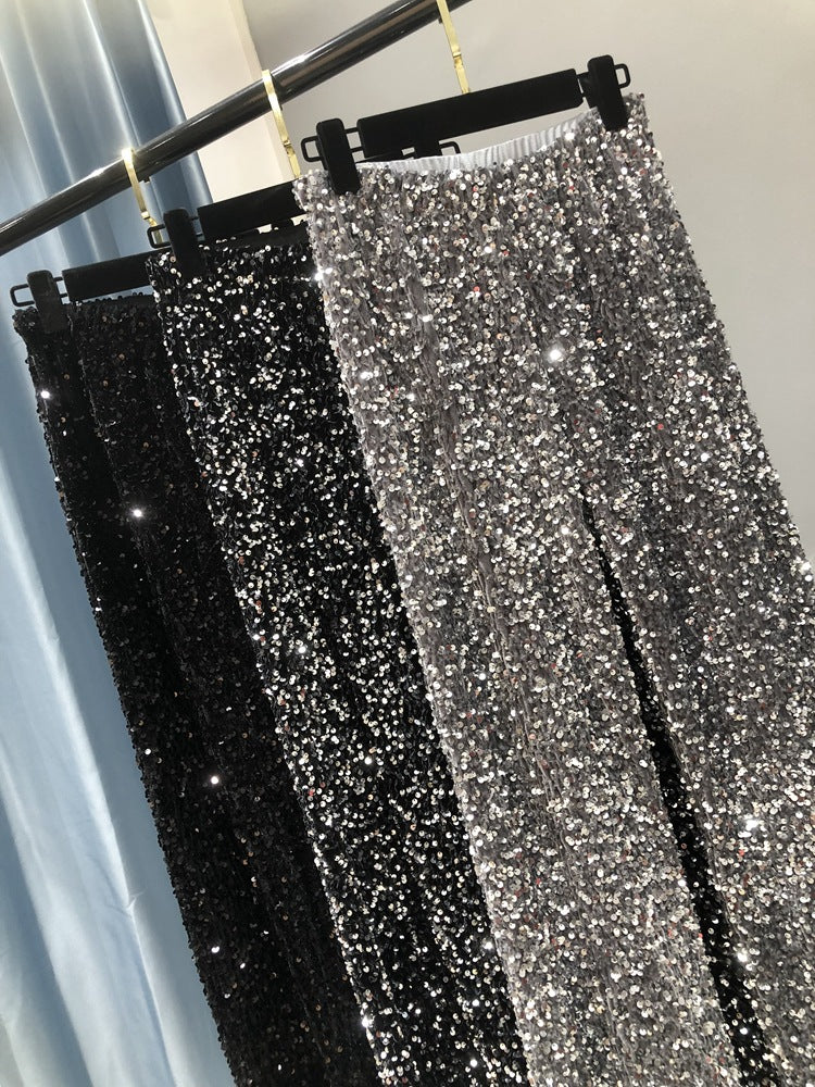 Autumn and Winter Thickened Korean Velvet Sequin Wide Leg Pants Large Long Leg Dipped plus size Floor Pants Shiny Lined Straight Leg Pants for Women