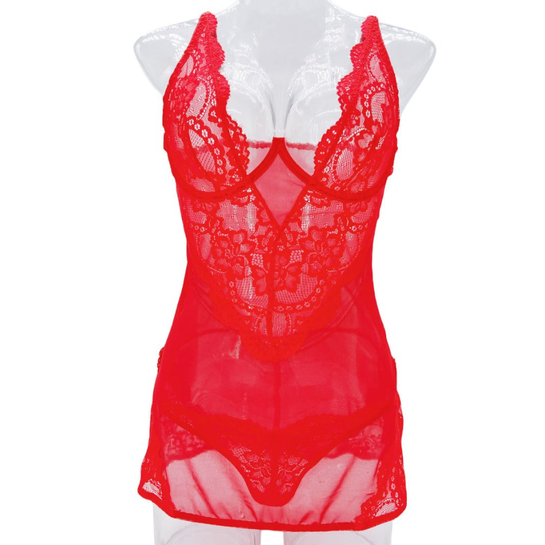 Lingerie Capano European and American Cross-Border Sexy Suspender Nightgown Cut Out Mesh See-Through Lace Pajamas for Women