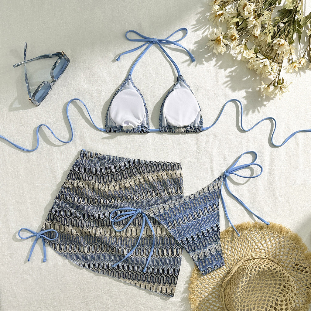 2025 European and American New Embroidered Gradient Sexy Three-Piece Swimsuit Swimsuit Bikini Bikini Cross-Border Export